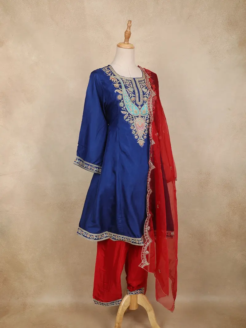 Royal Blue Floral Embroidered Silk Cotton Salwar Suit With Dupatta 4