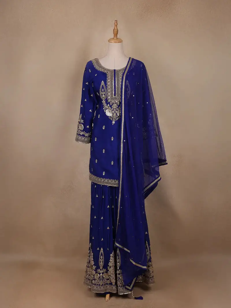 Royal Blue Floral Embroidery Crepe Sharara Salwar Suit 1