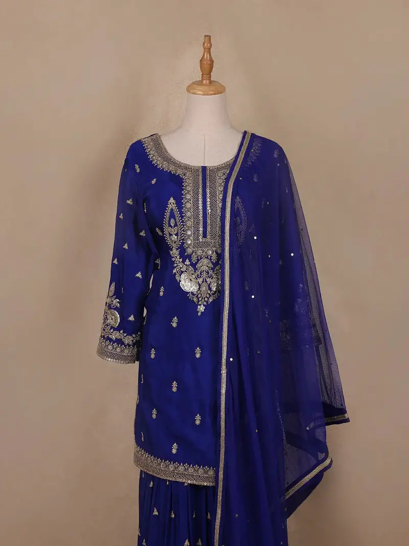 Royal Blue Floral Embroidery Crepe Sharara Salwar Suit 2