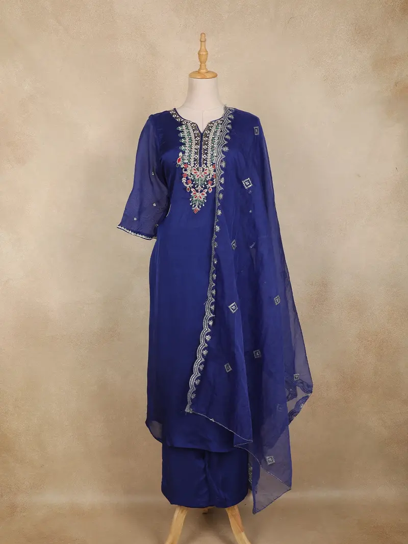 Royal Blue Floral Embroidery Tissue Silk Salwar Suit 1