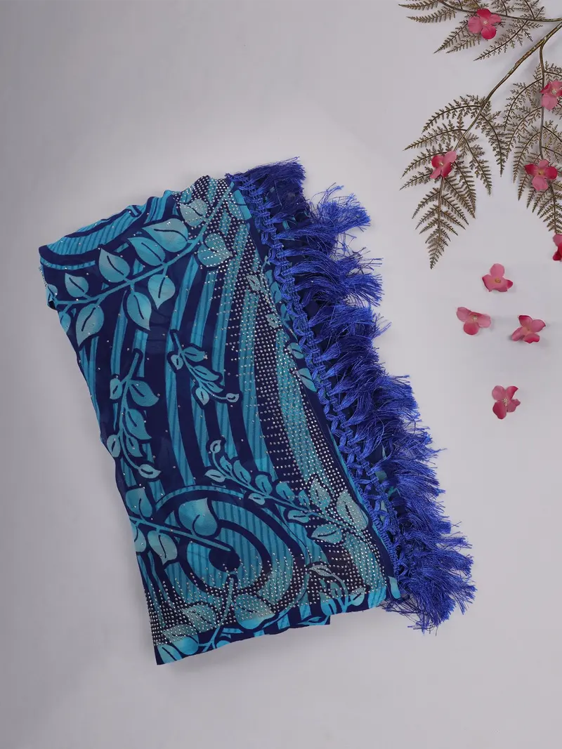 Royal Blue Floral Printed Design Chiffon Saree With Stone Embellished Border 1