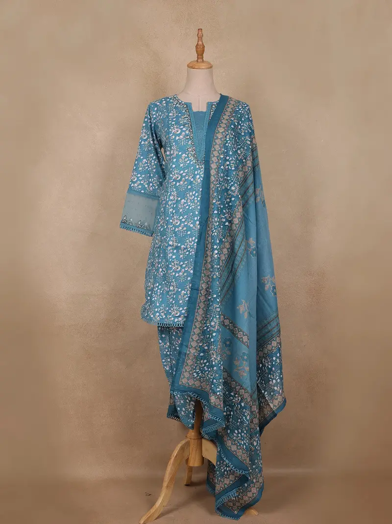 Royal Blue Floral Printed Design Cotton Salwar Suit With Mirror Work And Dupatta 1