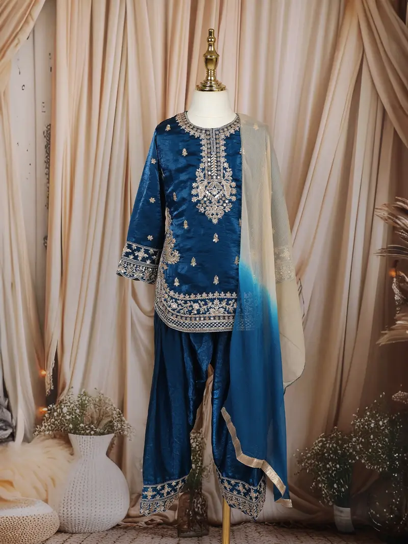 Royal Blue Floral Thread And Sequins Embroidered Design Tissue Silk Kids Palazzo Suit 1