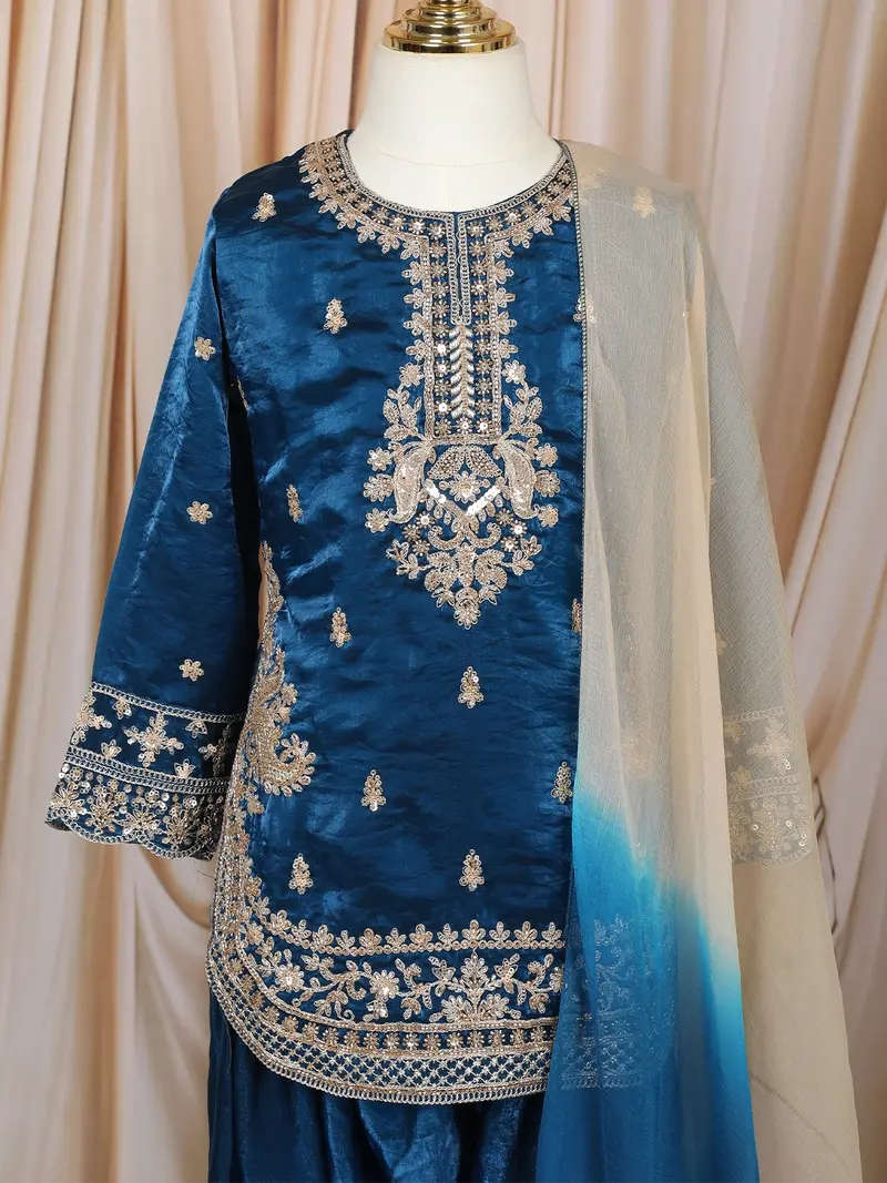 Royal Blue Floral Thread And Sequins Embroidered Design Tissue Silk Kids Palazzo Suit 2