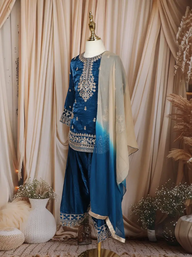 Royal Blue Floral Thread And Sequins Embroidered Design Tissue Silk Kids Palazzo Suit 3