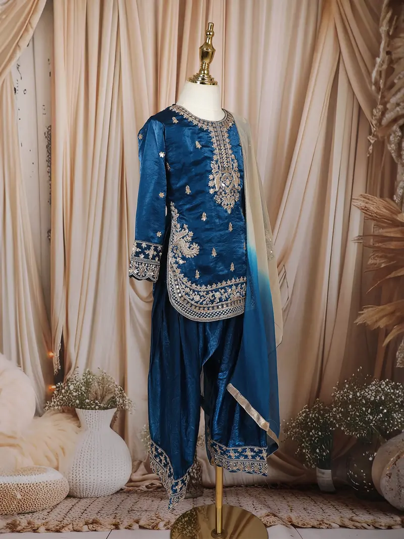 Royal Blue Floral Thread And Sequins Embroidered Design Tissue Silk Kids Palazzo Suit 4