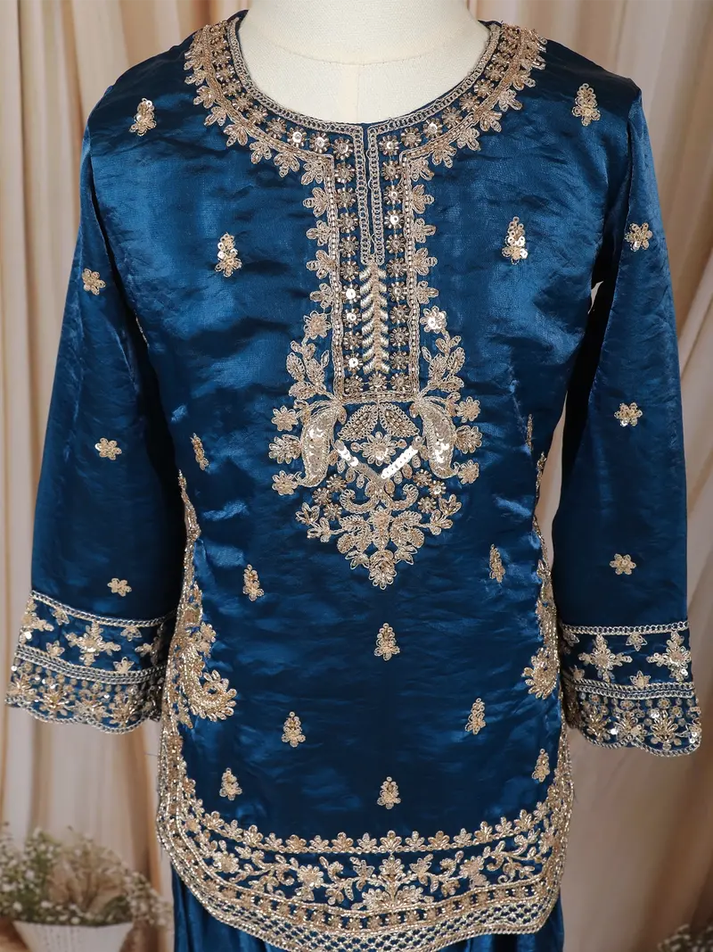 Royal Blue Floral Thread And Sequins Embroidered Design Tissue Silk Kids Palazzo Suit 5