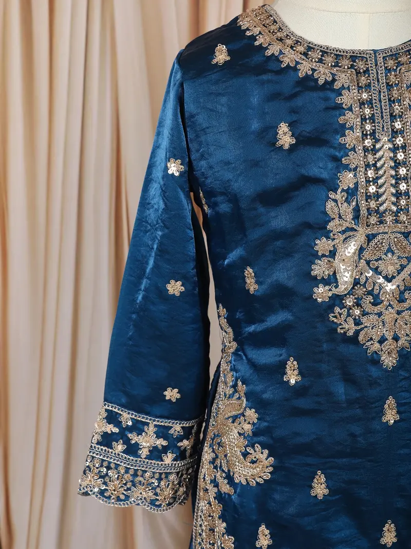Royal Blue Floral Thread And Sequins Embroidered Design Tissue Silk Kids Palazzo Suit 6