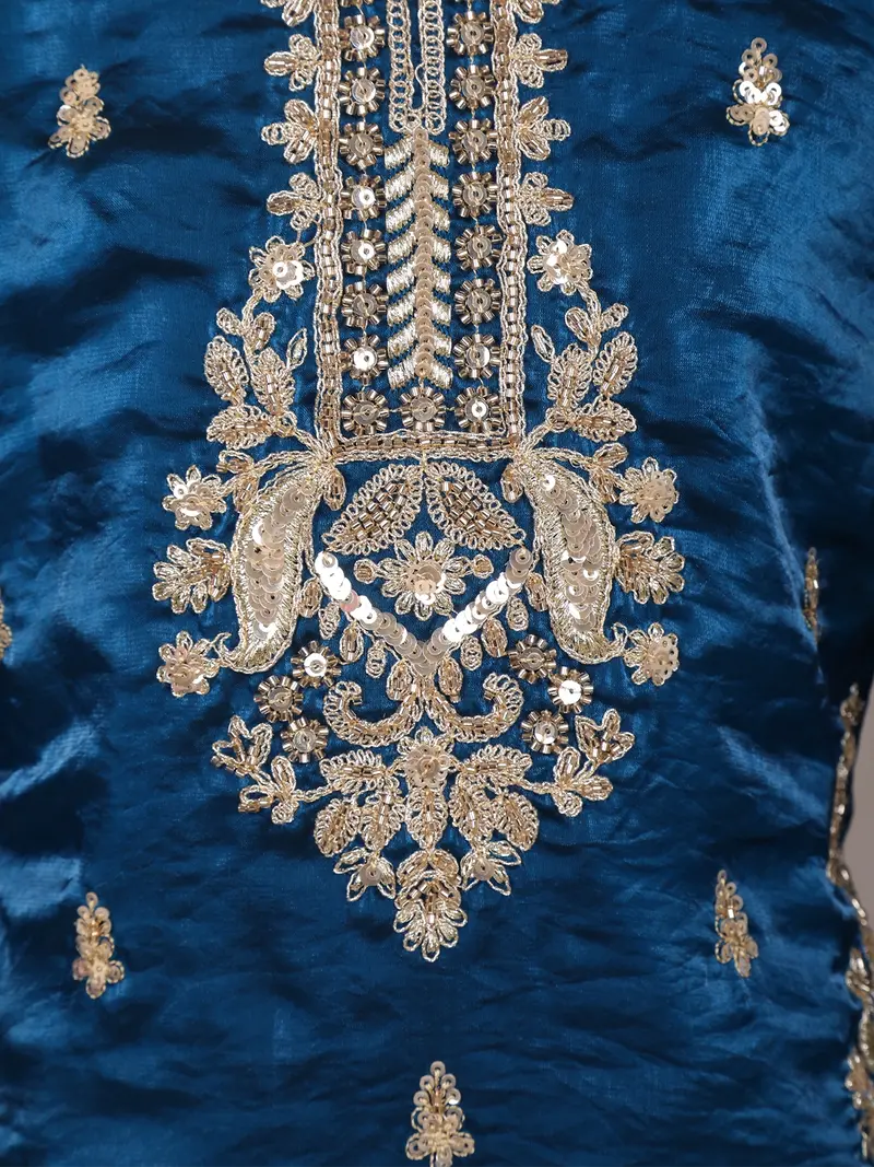 Royal Blue Floral Thread And Sequins Embroidered Design Tissue Silk Kids Palazzo Suit 7