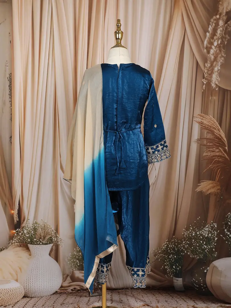 Royal Blue Floral Thread And Sequins Embroidered Design Tissue Silk Kids Palazzo Suit 8