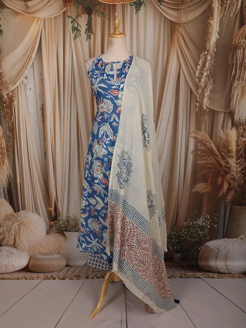 Royal Blue Floral Wine Printed Design Cotton Anarkali Salwar Suit With Dupatta 1