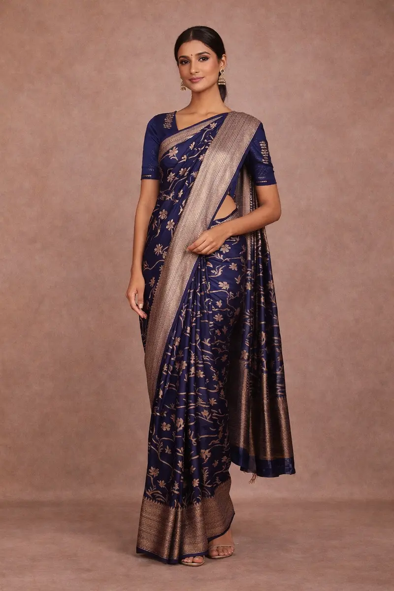 Royal Blue Floral Woven Banarasi Silk Saree With Zari Border 1