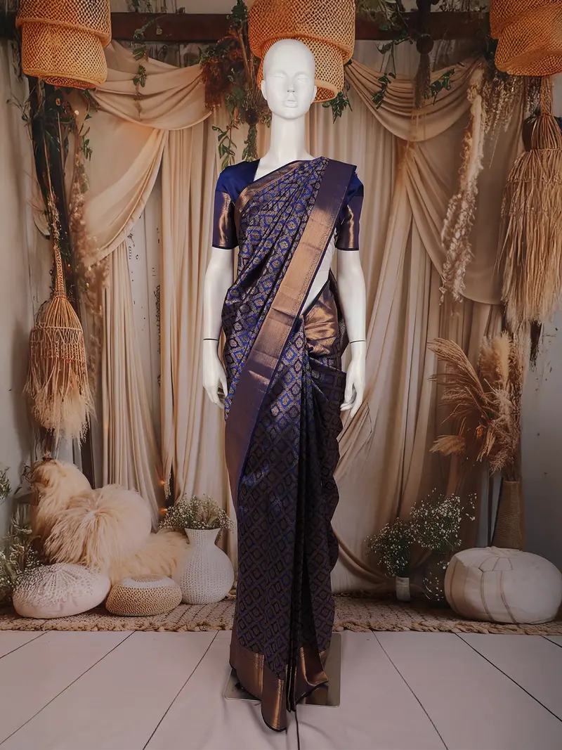 Royal Blue Floral Woven Design Pure Kanchipuram Silk Saree With Zari Border 1