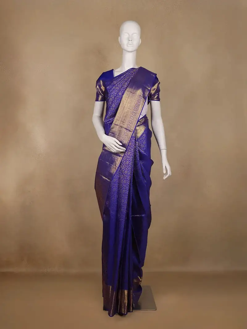 Royal Blue Floral Woven Pure Kanchipuram Silk Saree With Zari Border 1