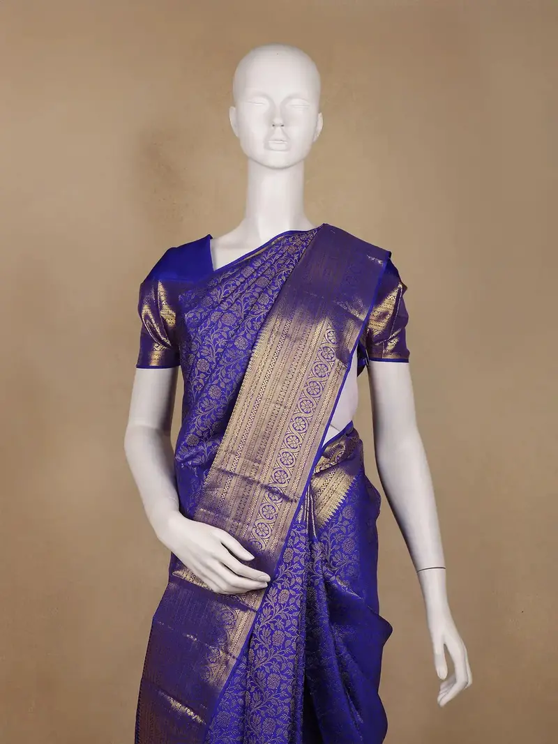 Royal Blue Floral Woven Pure Kanchipuram Silk Saree With Zari Border 2