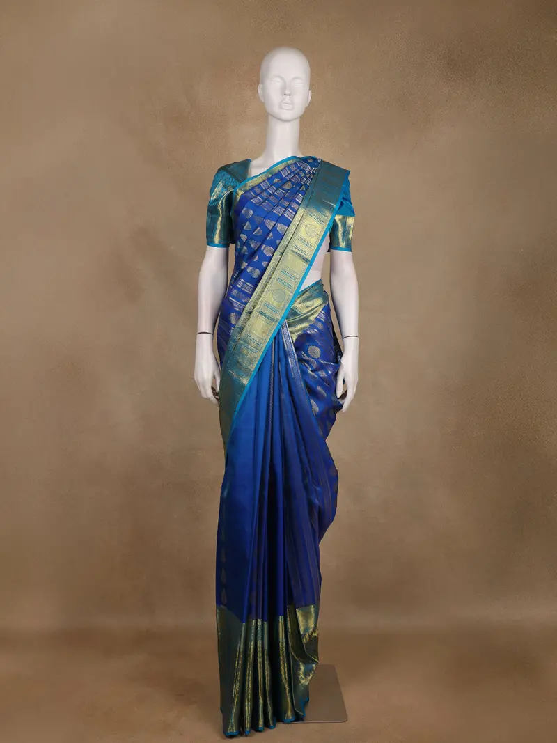 Royal Blue Geometric Woven Design Kanchipuram Silk Saree 1