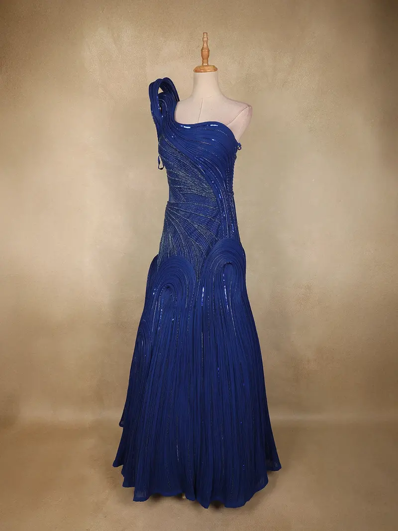 Royal Blue Heavy Beads Embellished Cascade Couture Design Net Party Wear Gown 1