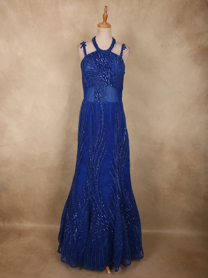 Royal Blue Heavy Sequins And Beads Embroidered Design Net Mermaid Gown 1