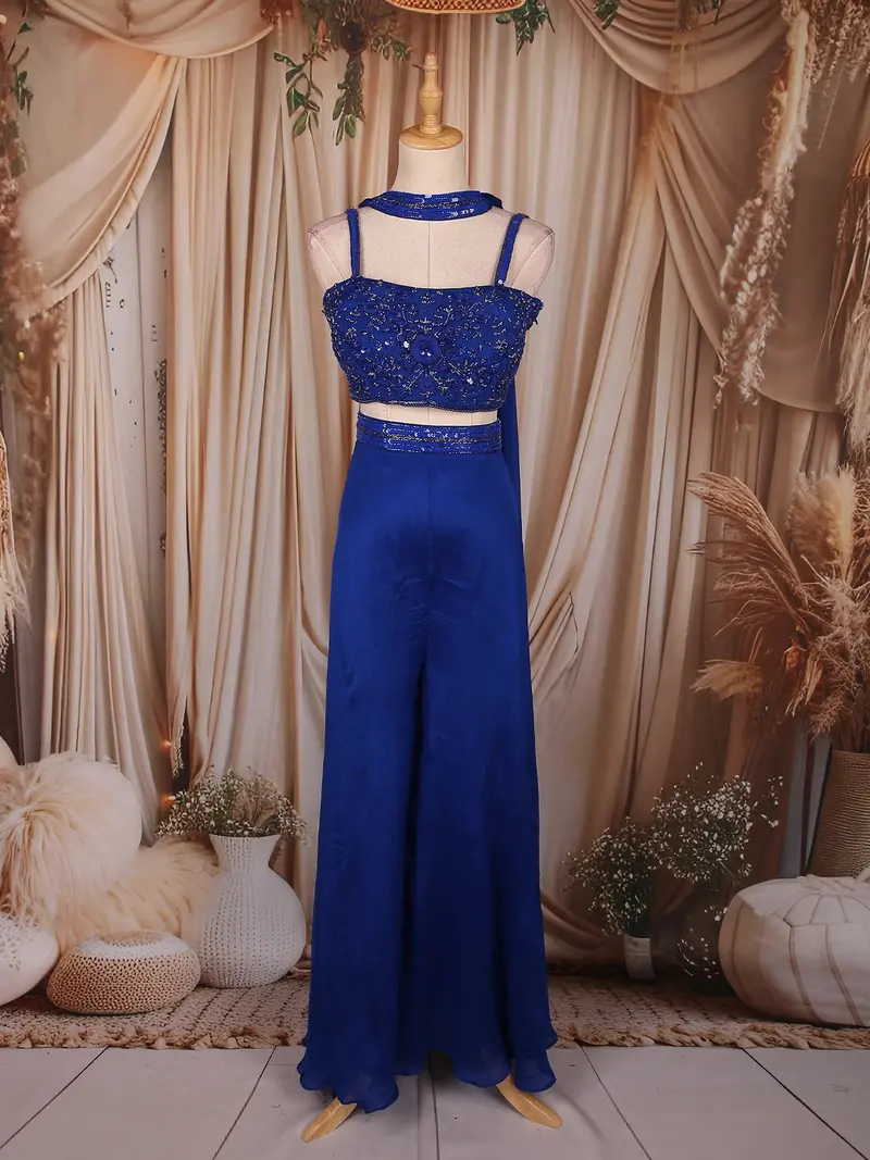 Royal Blue Heavy Sequins Embroidered Design Georgette Palazzo Suit With Dupatta 1