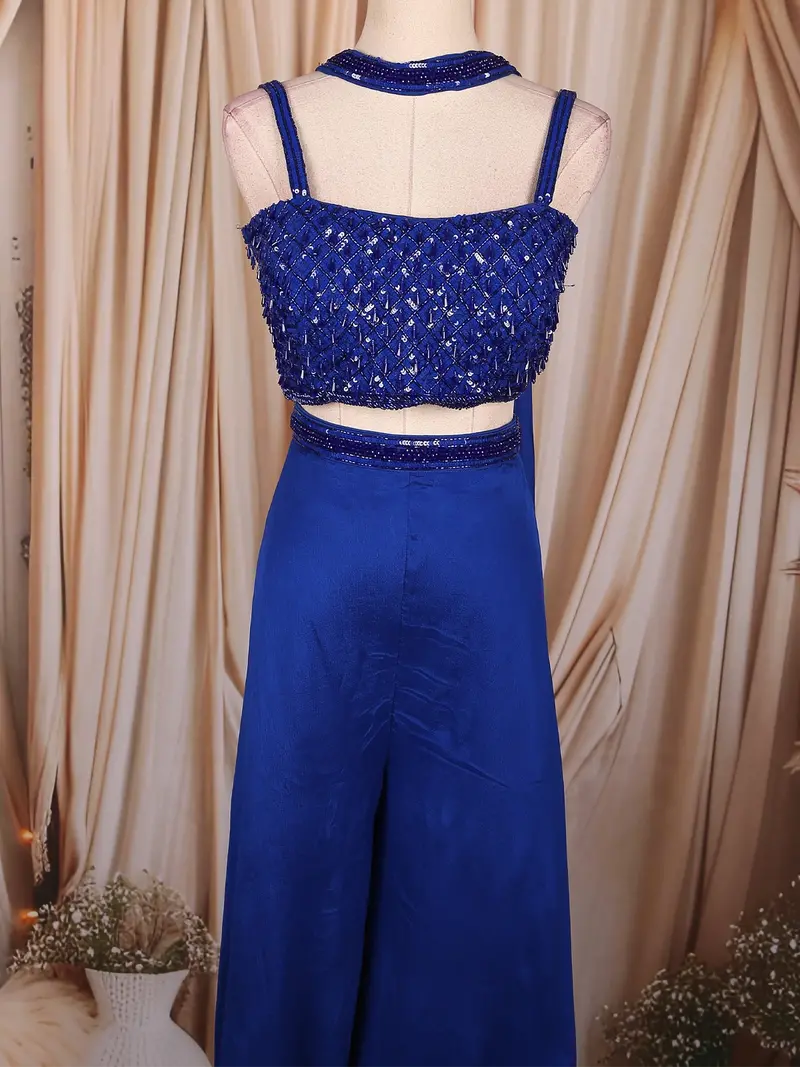 Royal Blue Heavy Sequins Embroidered Design Georgette Palazzo Suit With Dupatta 2