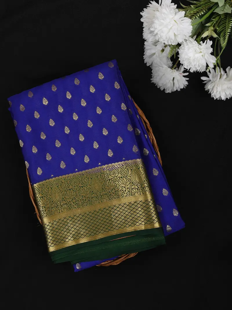 Royal Blue Leaf Butta Design Mysore Silk Designer Saree With Contrast Zari Border 1