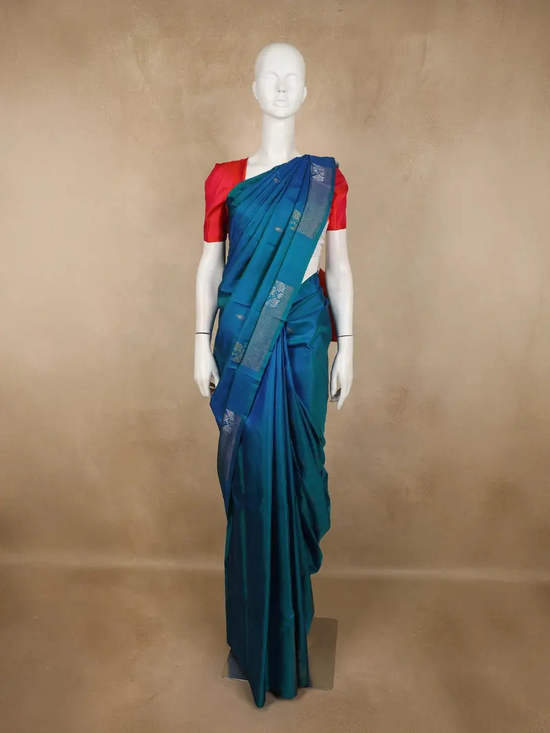 Royal Blue Leaf Woven Design Pure Kanchipuram Silk Saree With Self Border 1