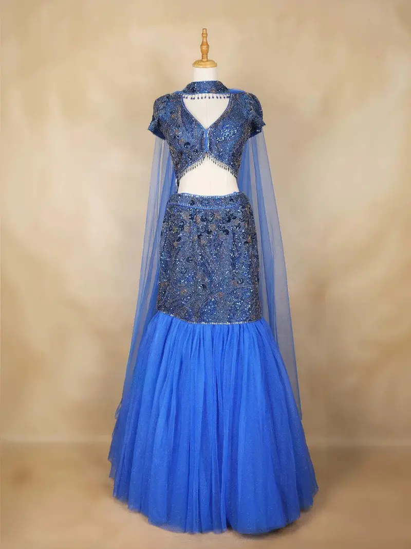 Royal Blue Mermaid Lehenga Adorned With Sequins And Beads Flower Design With Choker Dupatta 1