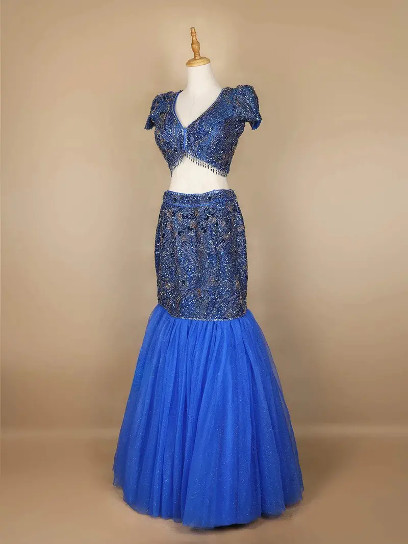 Royal Blue Mermaid Lehenga Adorned With Sequins And Beads Flower Design With Choker Dupatta 2