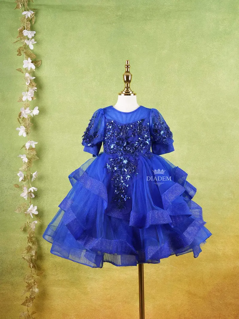 Royal Blue Net Layered Gown Adorned With 3D Flowers And Sequins 1