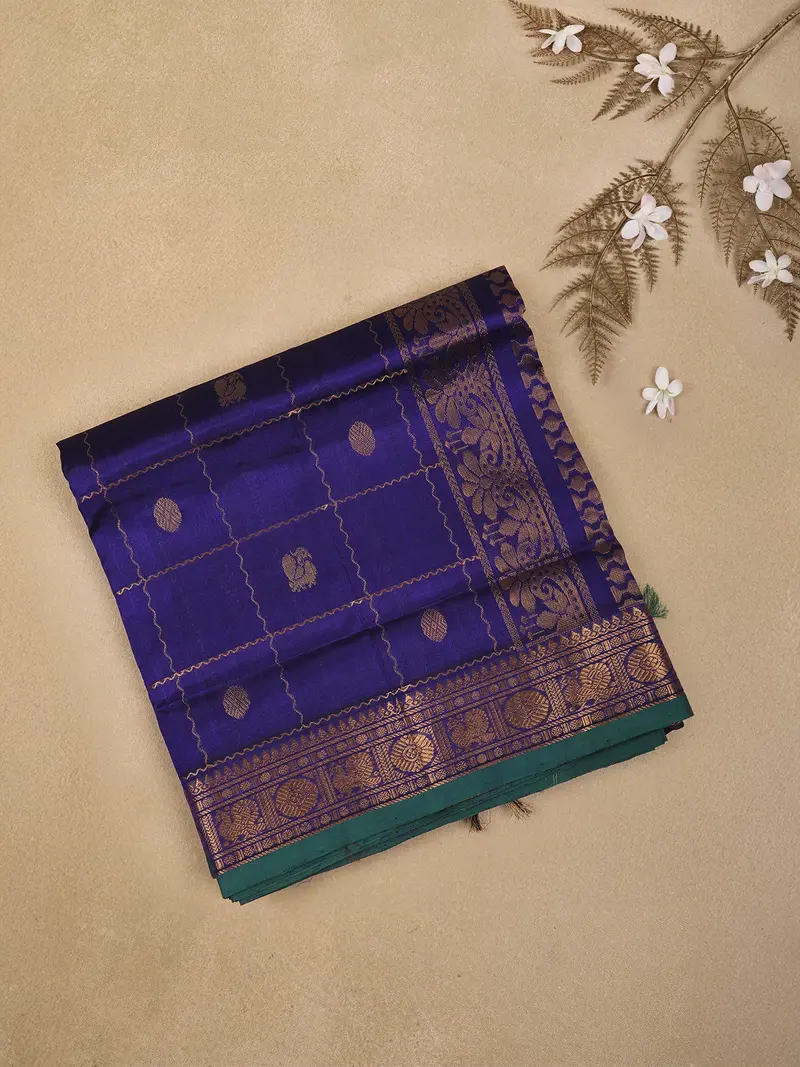 Royal Blue Paisley Butta Design Silk Cotton Saree With Contrast Temple Border 1