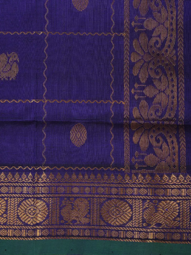 Royal Blue Paisley Butta Design Silk Cotton Saree With Contrast Temple Border 2