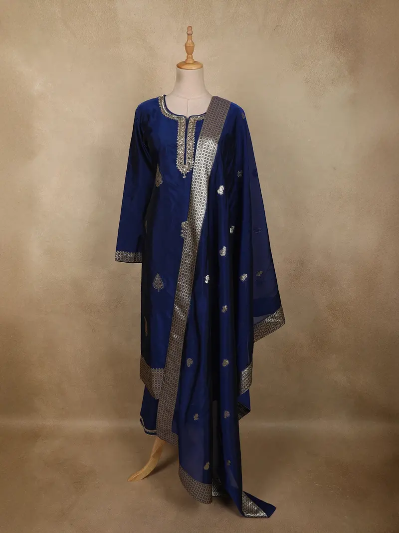 Royal Blue Paisley Zari Woven Design Silk Salwar Suit With Dupatta 1
