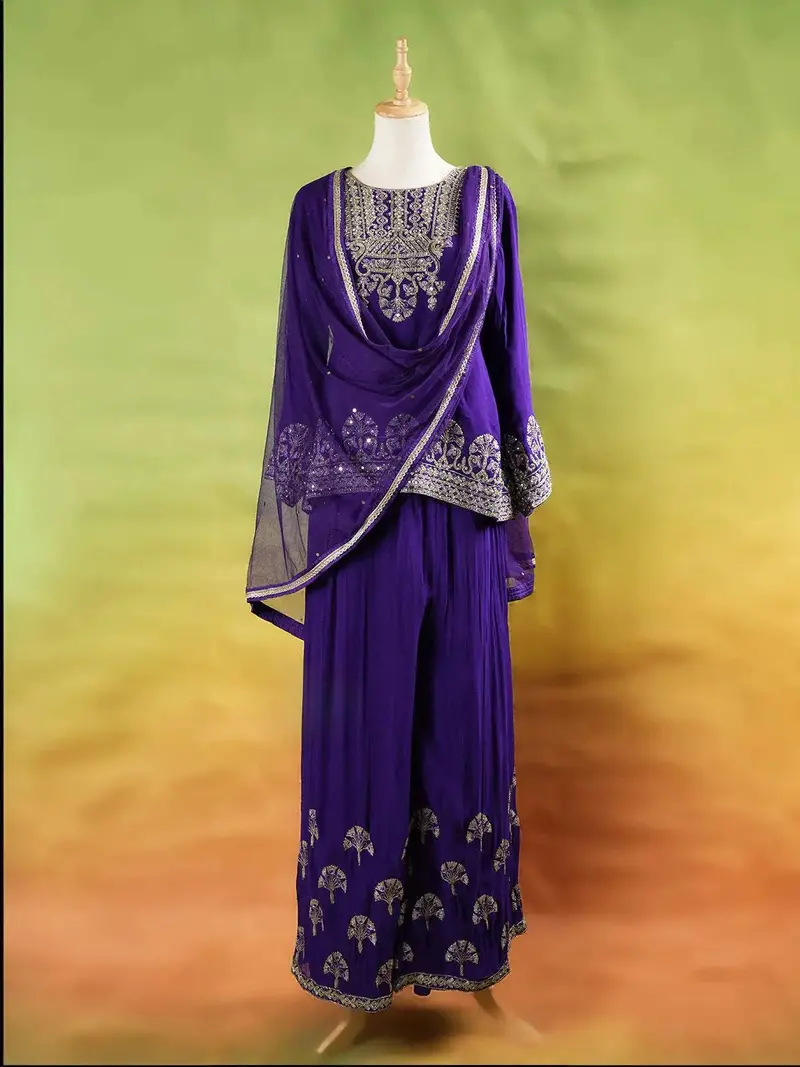 Royal Blue Palazzo Suit Adorned With Floral Embroidery, With Dupatta And 3/4 Sleeve 1
