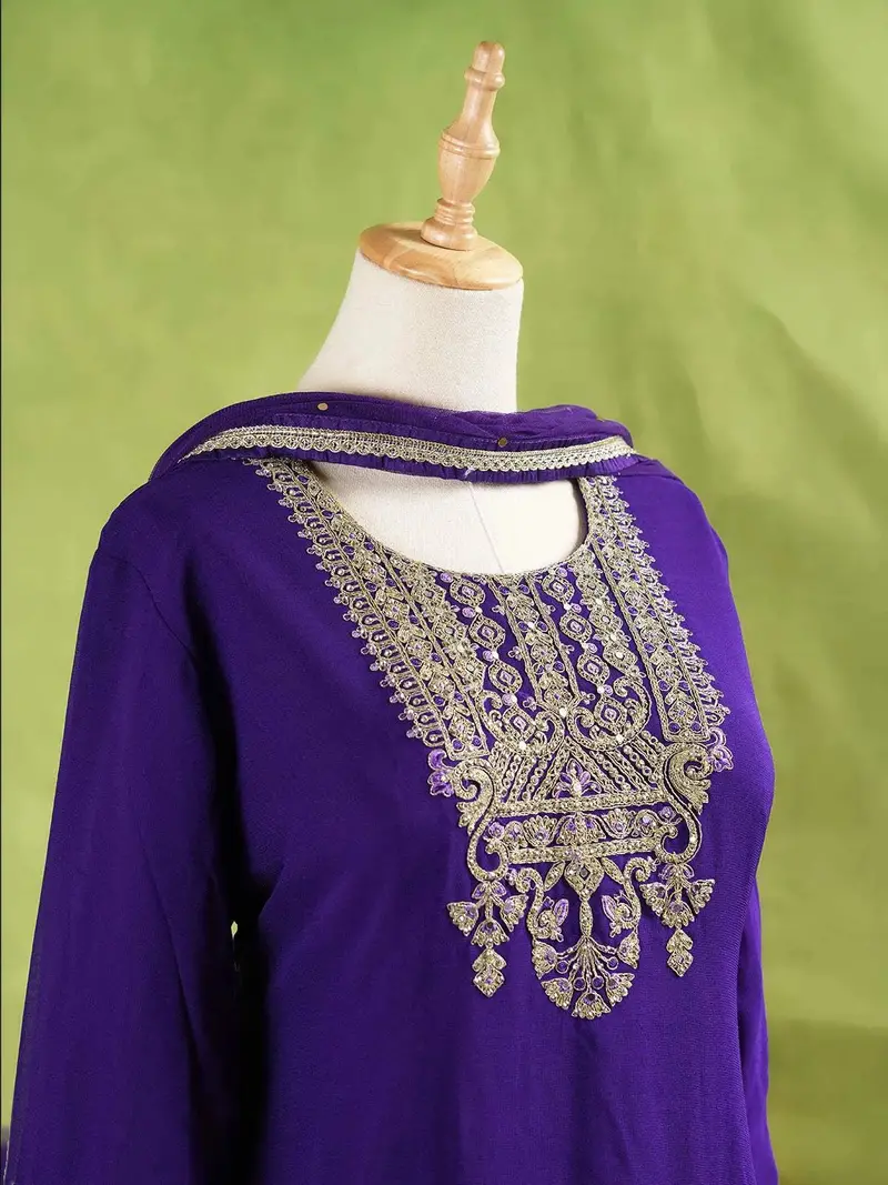 Royal Blue Palazzo Suit Adorned With Floral Embroidery, With Dupatta And 3/4 Sleeve 2