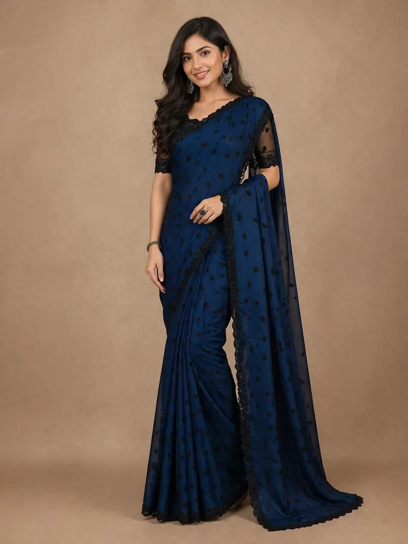 Royal Blue Polka Dot Printed Satin Saree With Scallop Border 1