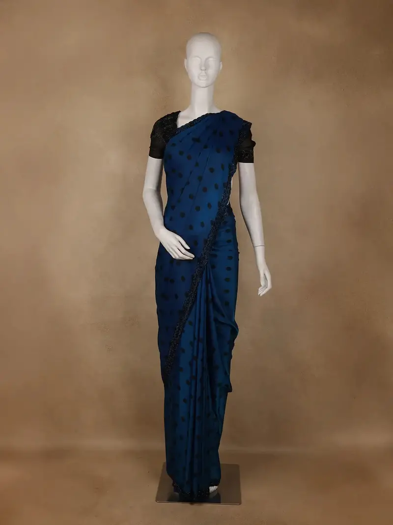 Royal Blue Polka Dot Printed Satin Saree With Scallop Border 2
