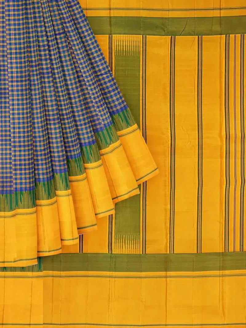 Royal Blue Pure Kanchipuram Saree With Checks Design On The Body And Contrast Border 1