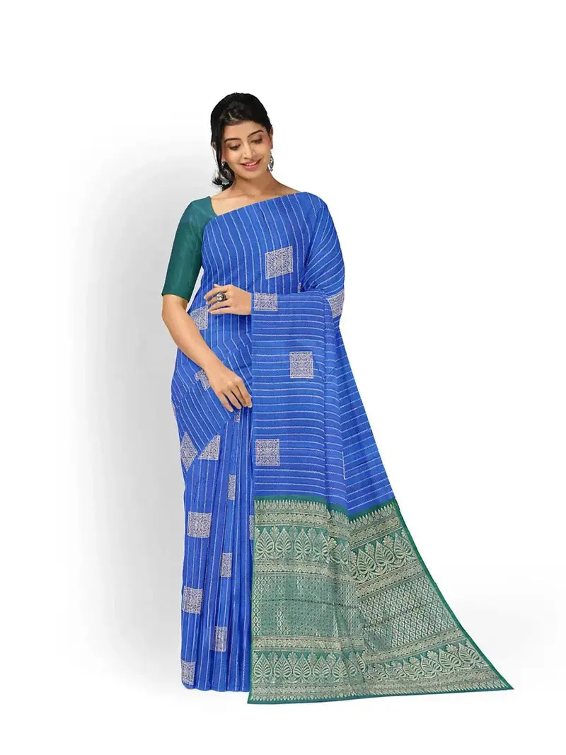 Royal Blue Pure Kanchipuram Saree With Zari Butta On The Body And Without Border 1