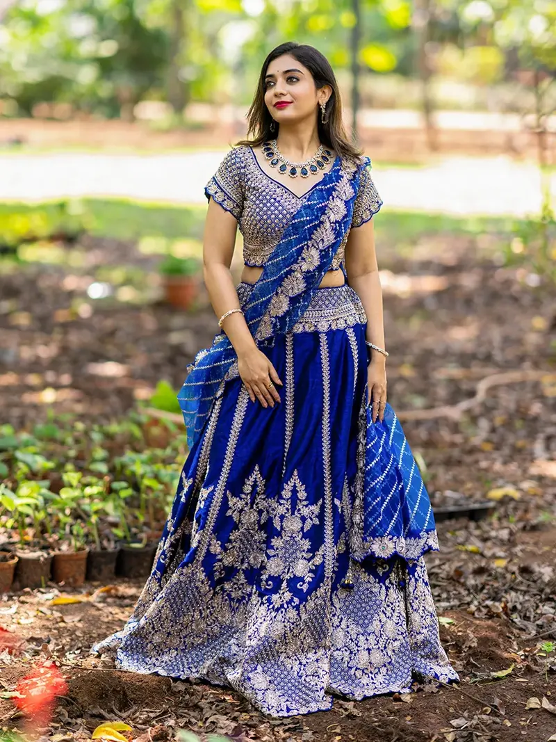 Royal Blue Raw Silk Floral Designed Bridesmaid Lehenga 1