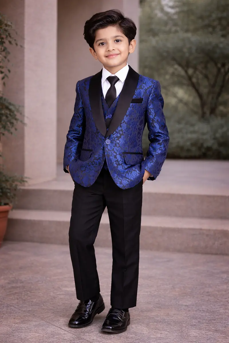 Royal Blue Raw Silk Tuxedo Coat Suit With Attached Tie 1