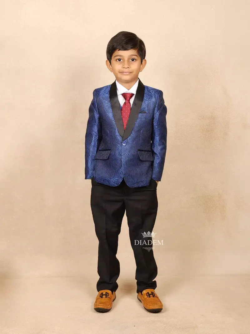 Royal Blue Satin Tuxedo Coat Suit With Attached Red Tie Ensemble 1