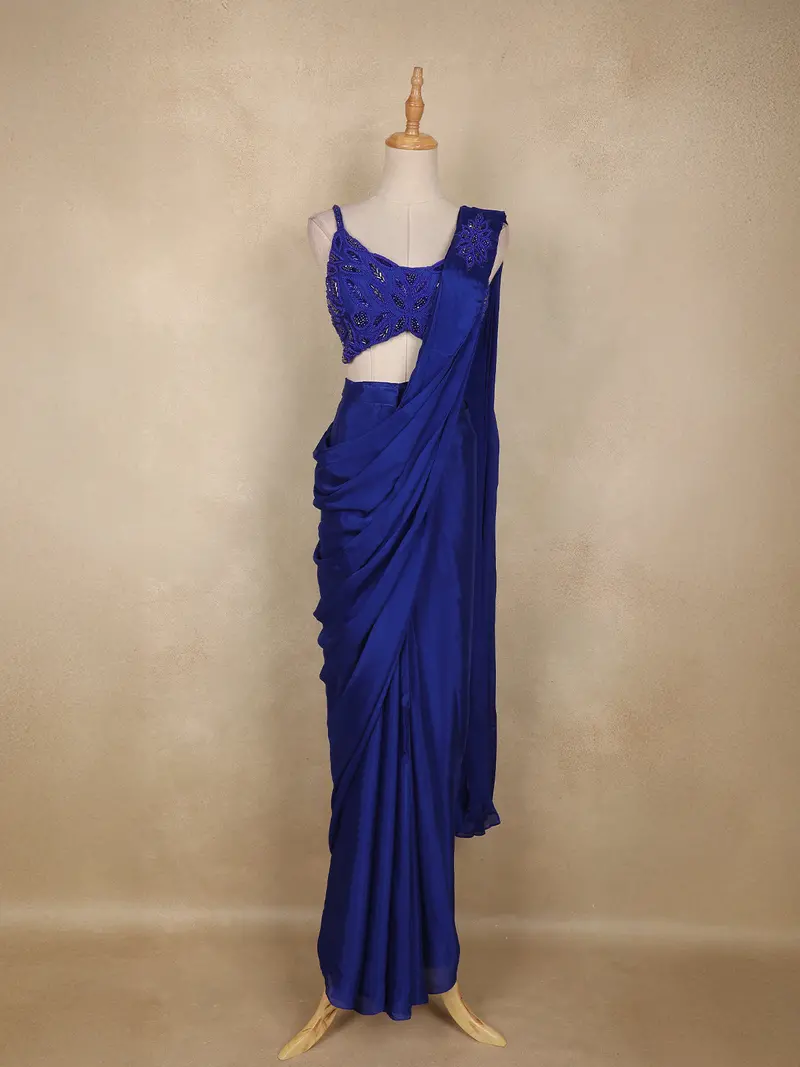 Royal Blue Sequins Embellished Design Georgette Ready To Wear Saree With Designer Blouse 1