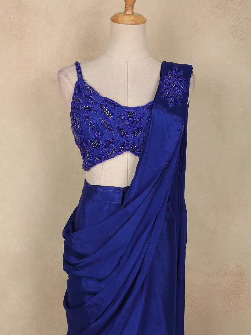 Royal Blue Sequins Embellished Design Georgette Ready To Wear Saree With Designer Blouse 2