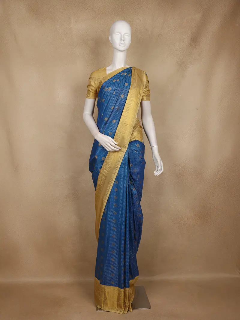 Royal Blue Small Butta Woven Design Art Silk Saree With Contrast Golden Zari Border 1