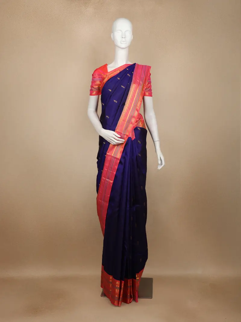Royal Blue Small Butta Woven Pure Kanchipuram Silk Saree With Contrast Pink Zari Border 1