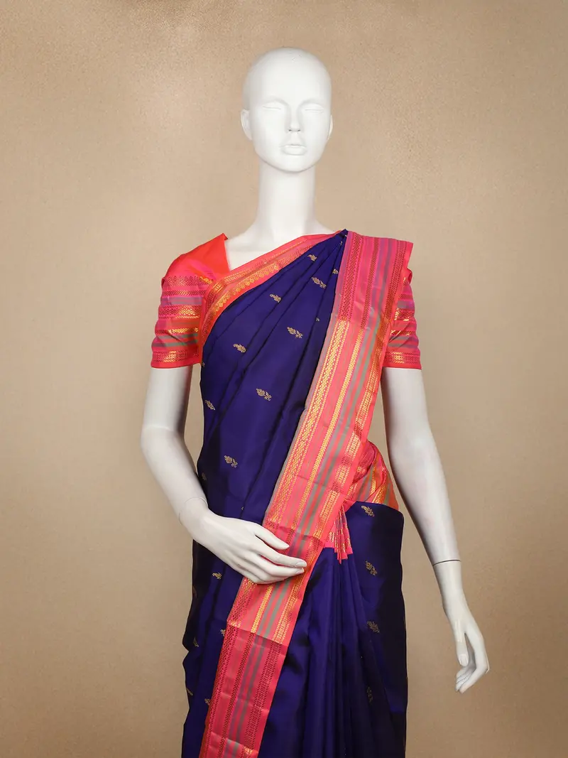 Royal Blue Small Butta Woven Pure Kanchipuram Silk Saree With Contrast Pink Zari Border 2