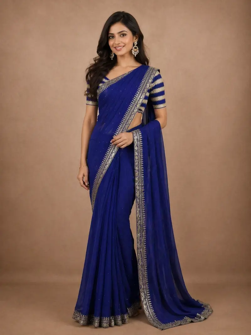 Royal Blue Solid Design Crepe Silk Saree 1