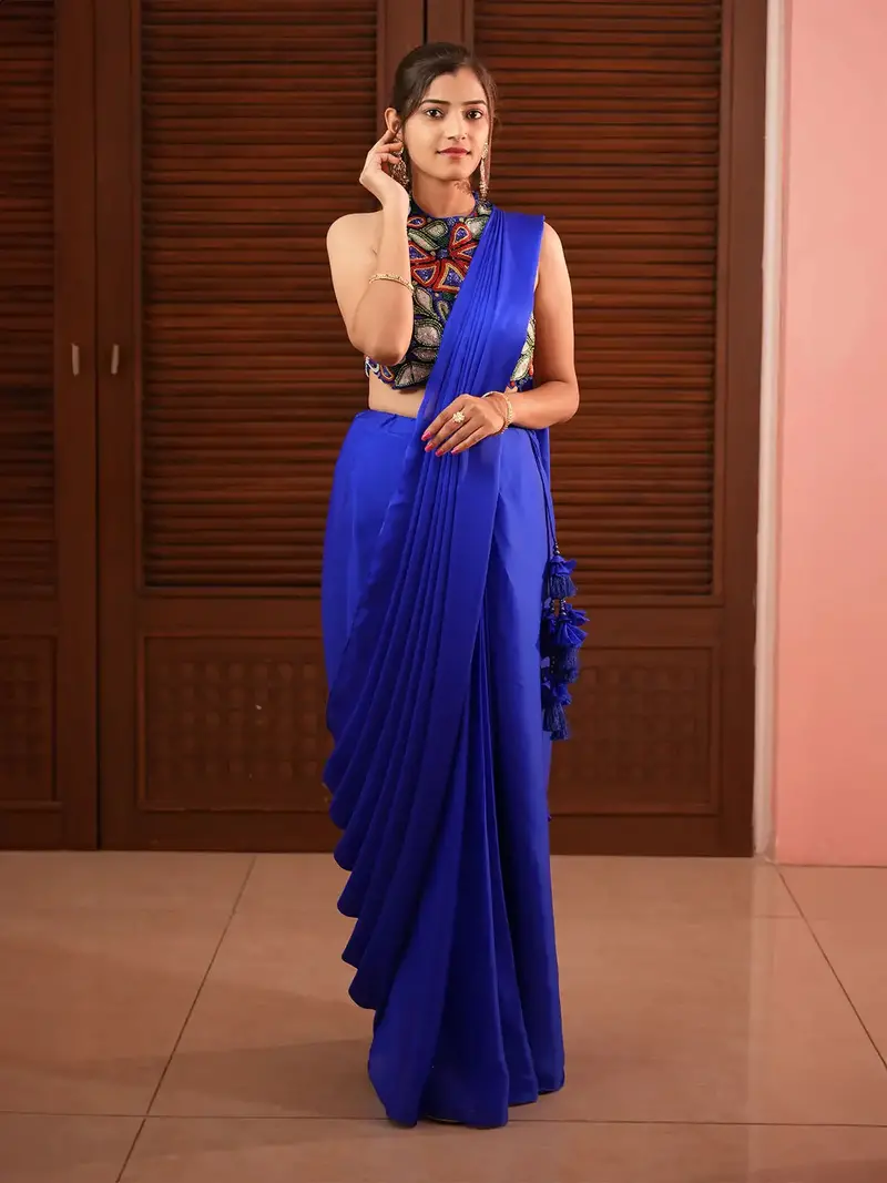 Royal Blue Solid Design Georgette Ready To Wear Saree With Beads Embellished Blouse 1