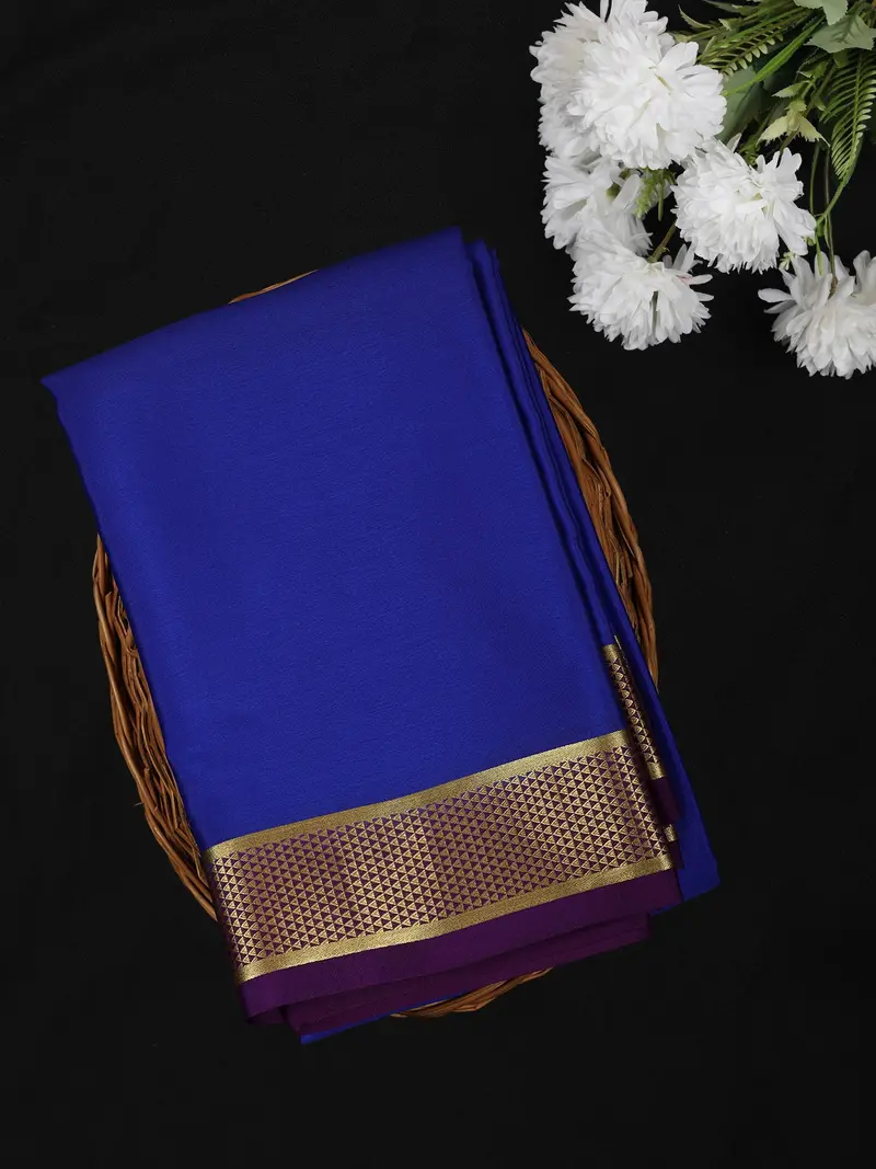 Royal Blue Solid Design Mysore Silk Saree With Contrast Zari Border 1