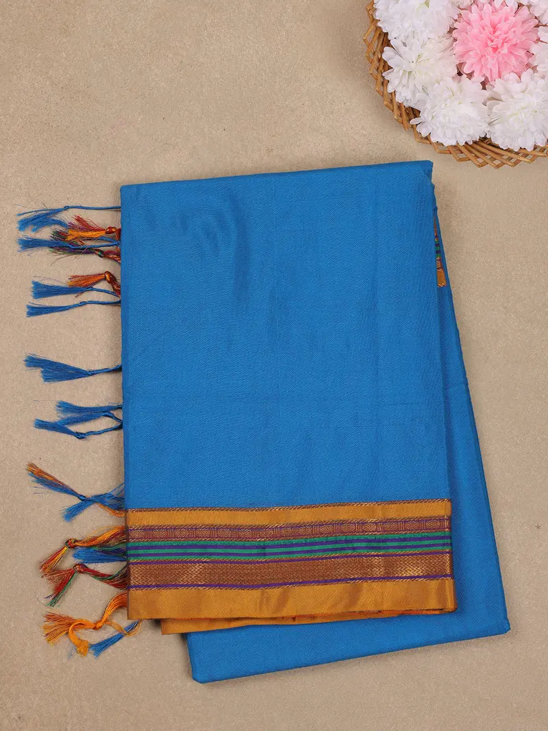 Royal Blue Solid Design Semi Silk Cotton Saree With Contrast Border 1